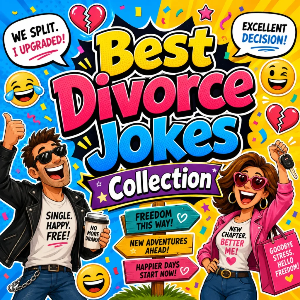 Best divorce jokes collection graphic with happy cartoon ex-couple, broken hearts, laughing emojis, freedom signs, confetti, and bold colorful humor text.