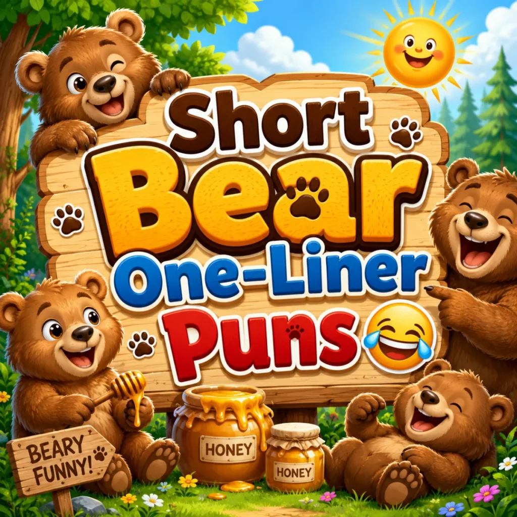 Cute cartoon bears laughing around a wooden sign with honey jars and bold text saying “Short Bear One-Liner Puns.”