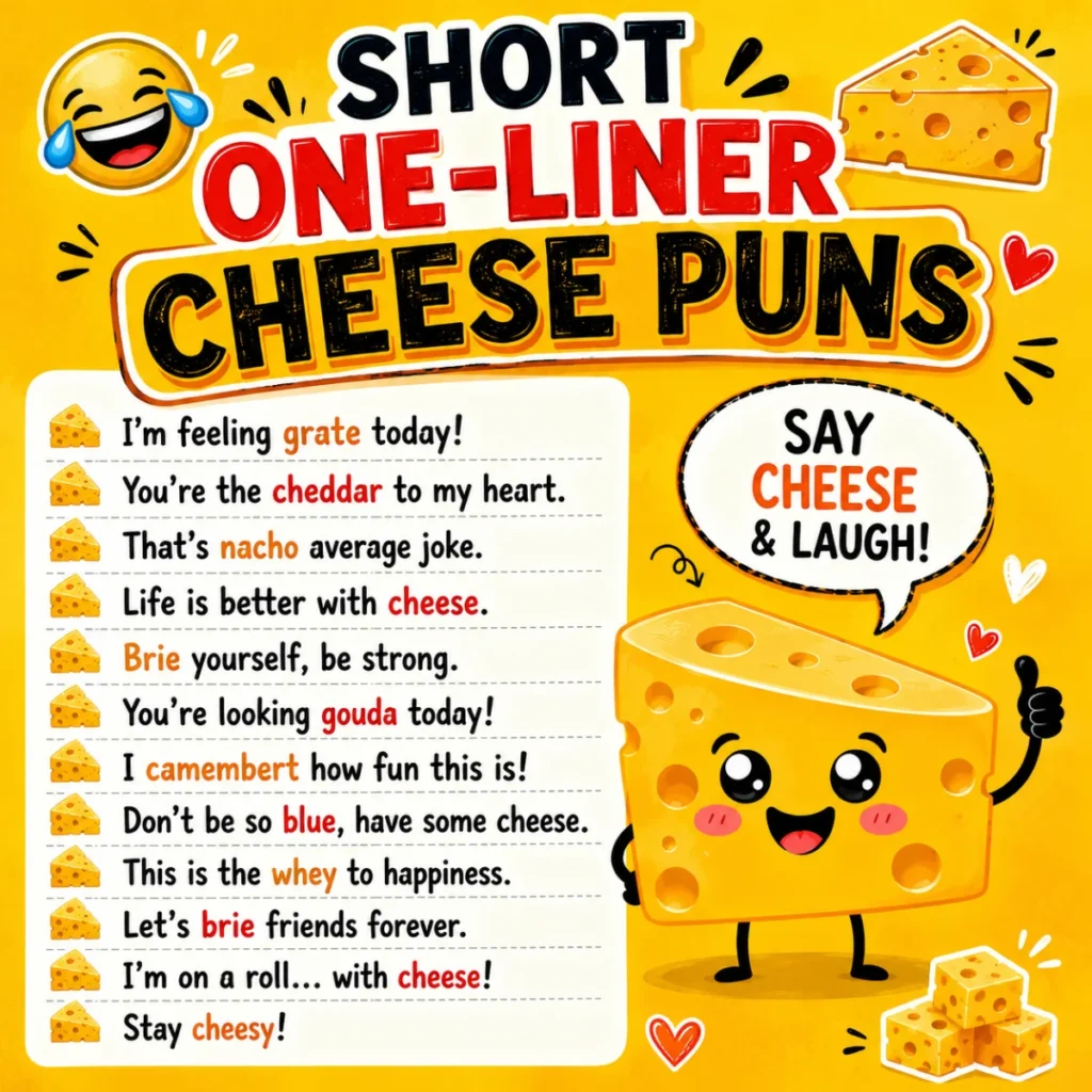 A colorful square graphic featuring a smiling cartoon cheese character, bold text reading “Short One-Liner Cheese Puns,” and a collection of funny cheese-themed jokes on a bright yellow background with playful illustrations and doodles.
