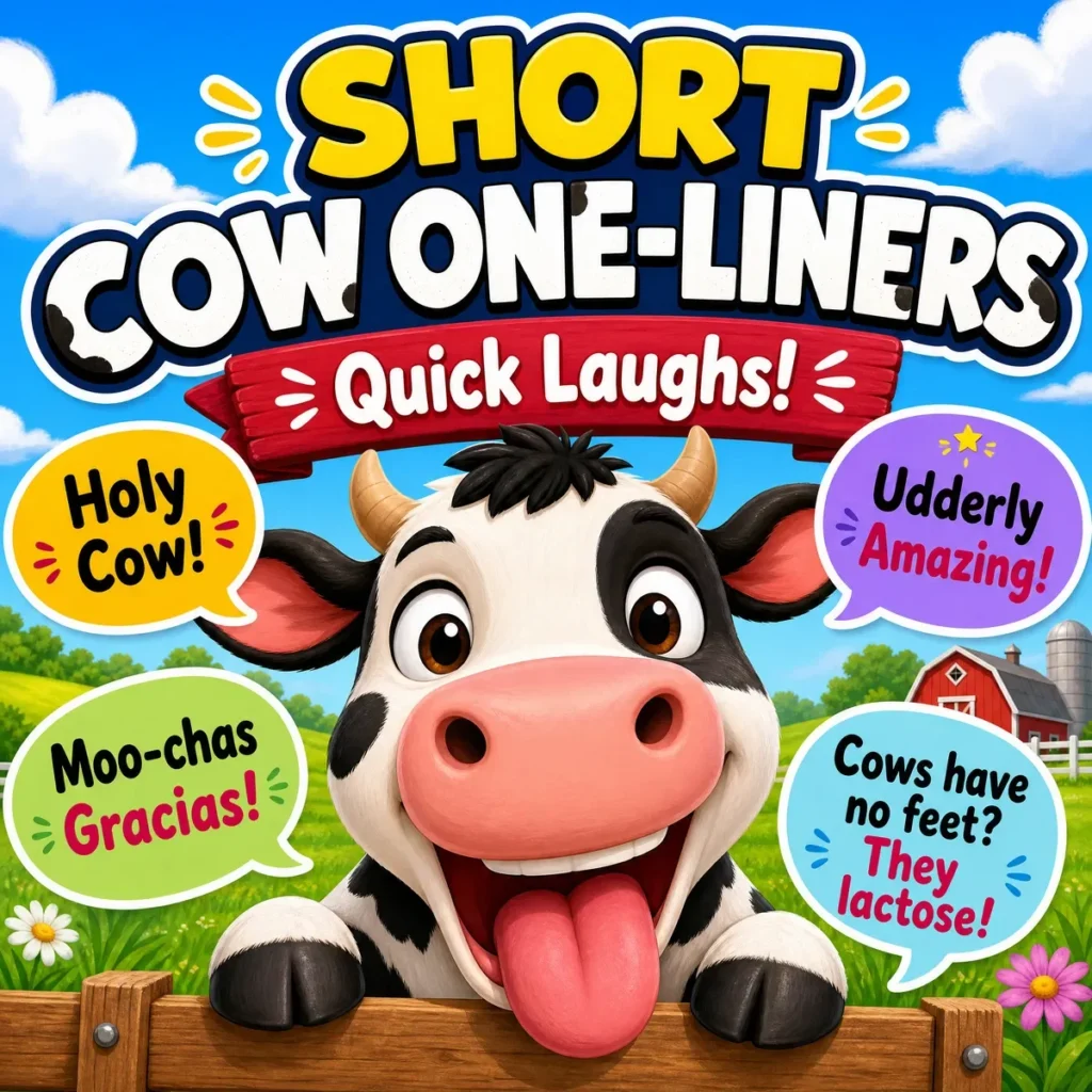 A square illustration of a funny cartoon cow with its tongue out, peeking over a wooden fence in a sunny farm field. Four colorful speech bubbles contain short cow puns.