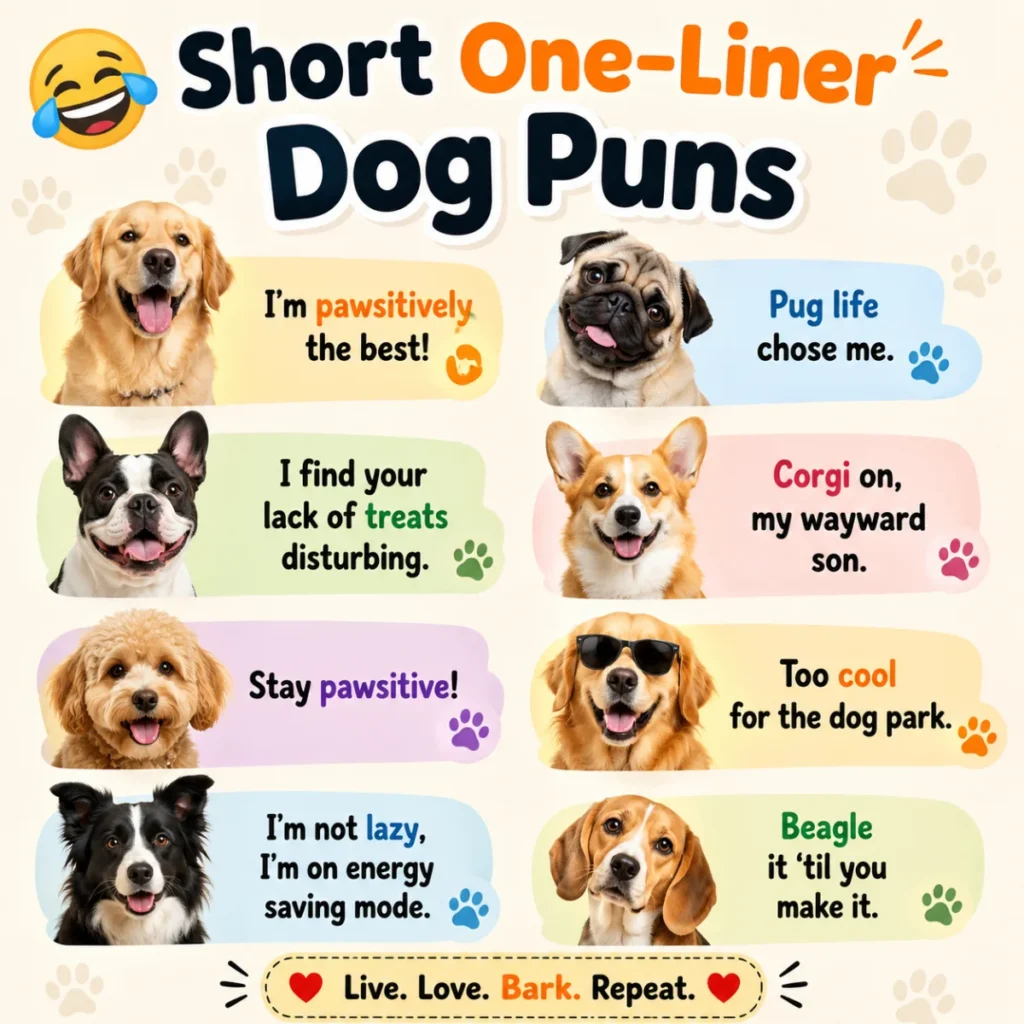 A square infographic featuring “Short One-Liner Dog Puns” with multiple cute dog breeds and colorful speech bubbles displaying humorous one-line dog jokes.