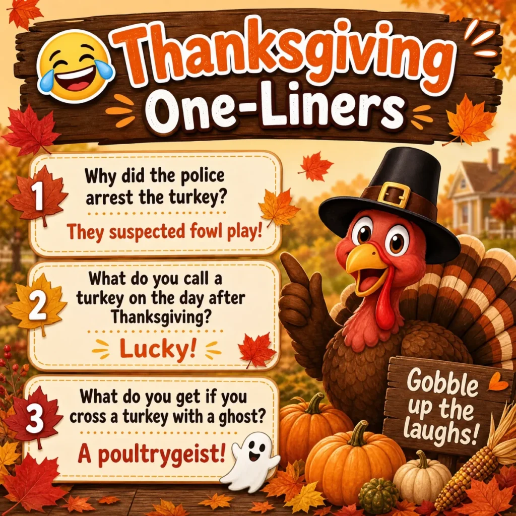 A festive 1200x1200px Thanksgiving graphic featuring a cartoon turkey in a pilgrim hat, autumn leaves, and pumpkins. It lists three one-liner jokes about turkeys and ghosts with the headline "Thanksgiving One-Liners".