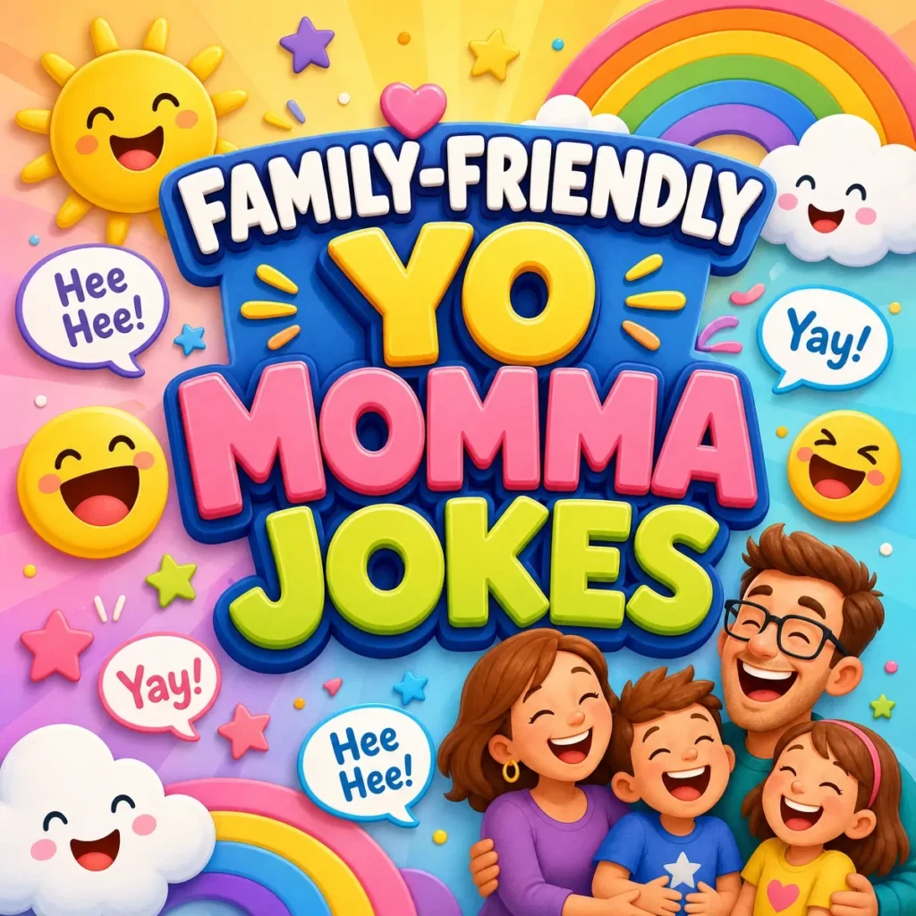 A bright and cheerful 1200x1200px square graphic with the text "FAMILY-FRIENDLY YO MOMMA JOKES" in large, colorful 3D typography. The background features a vibrant pastel rainbow, a smiling sun, and laughing emoji faces. In the bottom right corner, a happy cartoon family of four is laughing together. Playful speech bubbles with "Hee Hee!" and "Yay!" are scattered around.