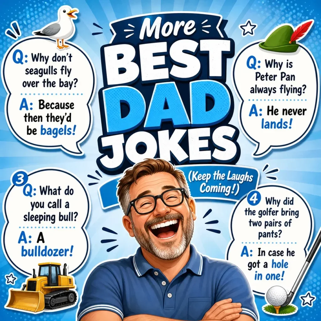 A clean and engaging 1200x1200px square poster titled "More BEST DAD JOKES" featuring a laughing dad character with glasses and a polo shirt. Four hilarious dad jokes are shown in speech bubbles: seagulls over the bay (bagels), Peter Pan always flying (never lands), a sleeping bull (bulldozer), and a golfer with two pairs of pants (hole in one).