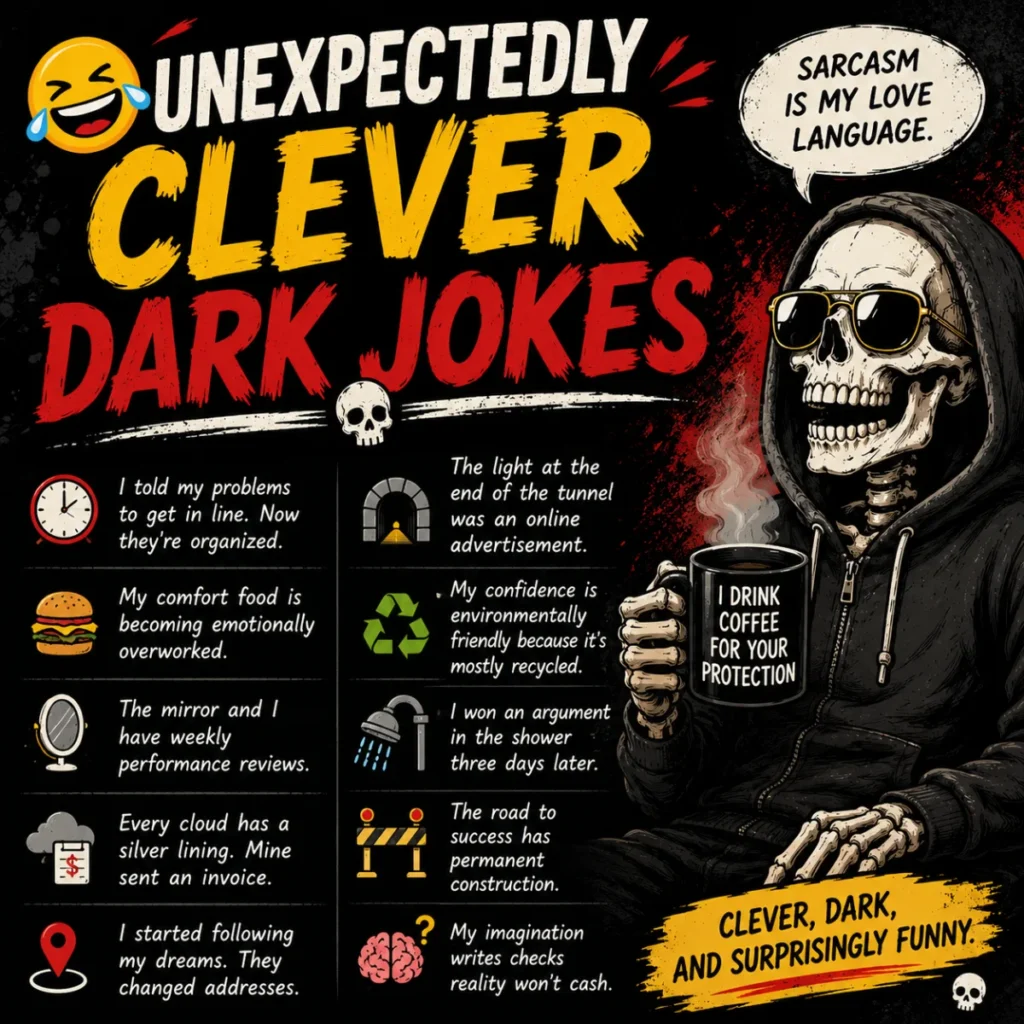 A square dark humor poster featuring a skeleton wearing sunglasses and a hoodie while holding a steaming coffee mug. Bold red and white typography reads "Unexpectedly Clever Dark Jokes" against a black grunge background, accompanied by witty one-liners and humorous icons.