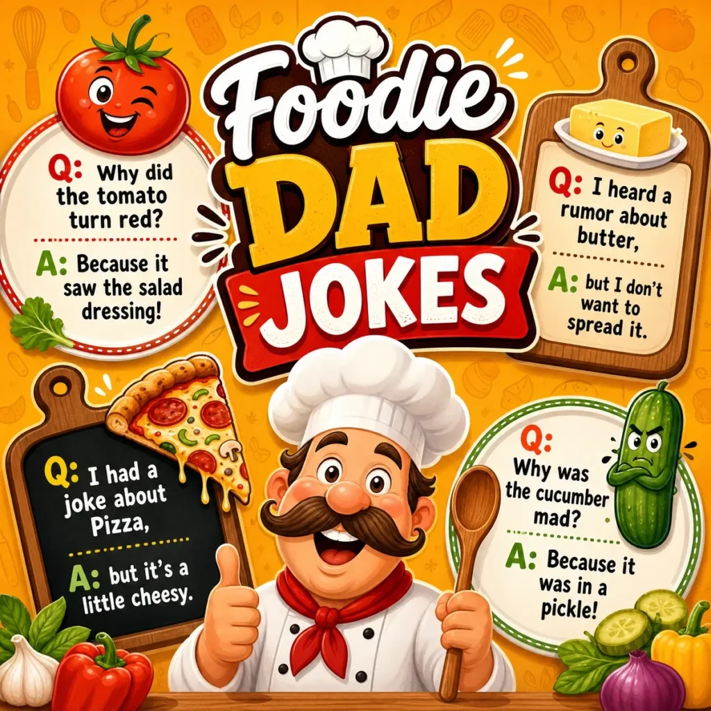 A cheerful 1200x1200px square poster titled "Foodie DAD JOKES" featuring a cartoon chef with a large mustache and a wooden spoon. Four food-themed dad jokes are shown: a tomato turning red (saw the salad dressing), a rumor about butter (don't want to spread it), a cheesy pizza joke, and a mad cucumber (in a pickle).