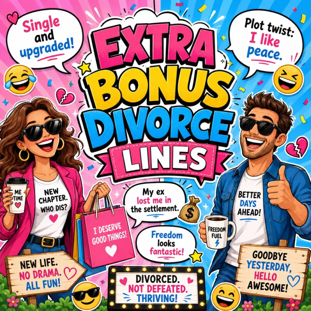 Funny bonus divorce jokes and witty breakup lines with a playful humor theme.