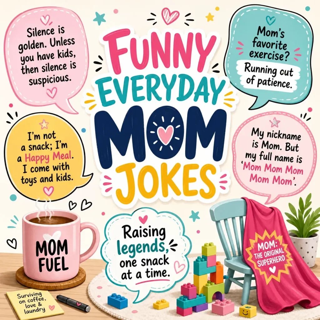 A square social media graphic with the title "FUNNY EVERYDAY MOM JOKES" in playful lettering, surrounded by speech bubbles with jokes like "Silence is golden... unless you have kids" and illustrations of a "MOM FUEL" coffee mug and building blocks.