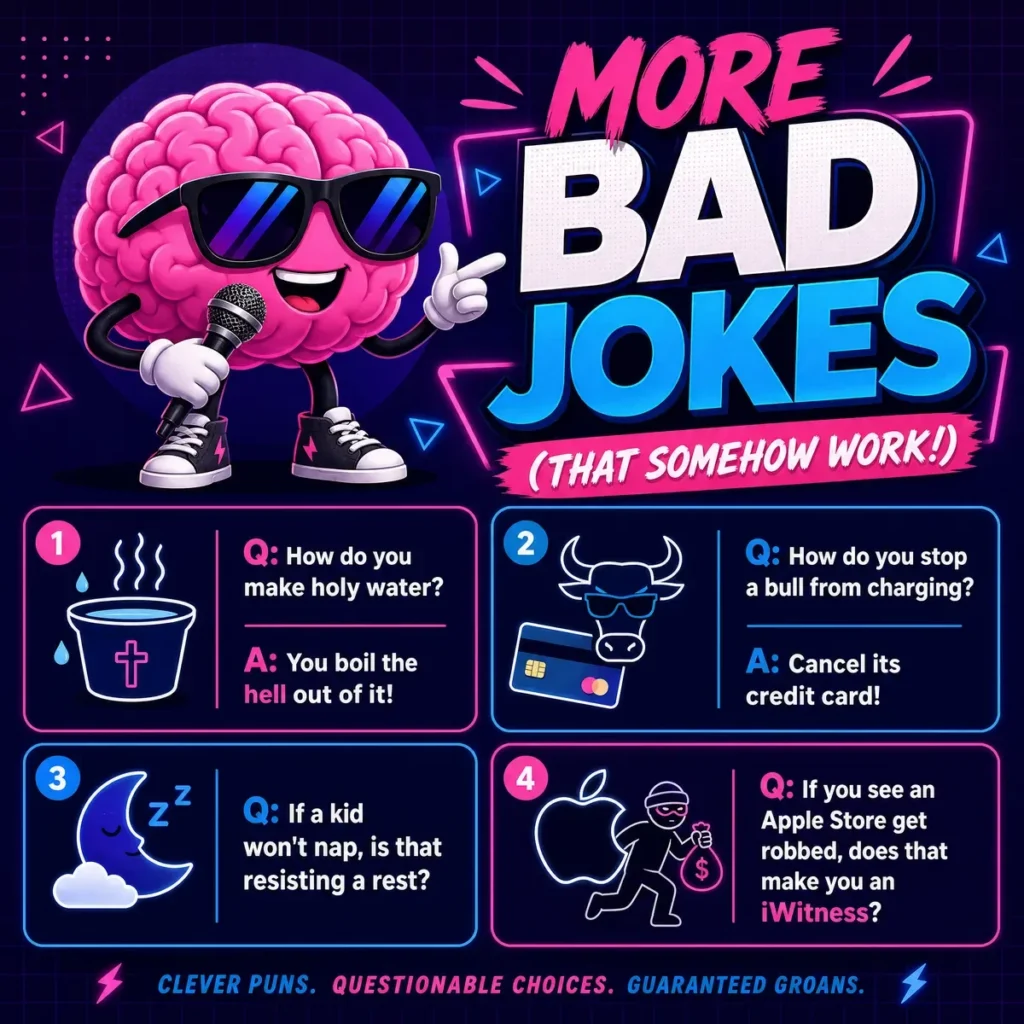 A sleek 1200x1200px square poster titled "More Bad Jokes (That Somehow Work!)" featuring a cool cartoon brain character with sunglasses and a microphone. Four clever puns are displayed in neon-bordered panels: making holy water (boil the hell out of it), stopping a bull from charging (cancel its credit card), a kid resisting a rest (nap), and an iWitness (Apple Store robbery).
