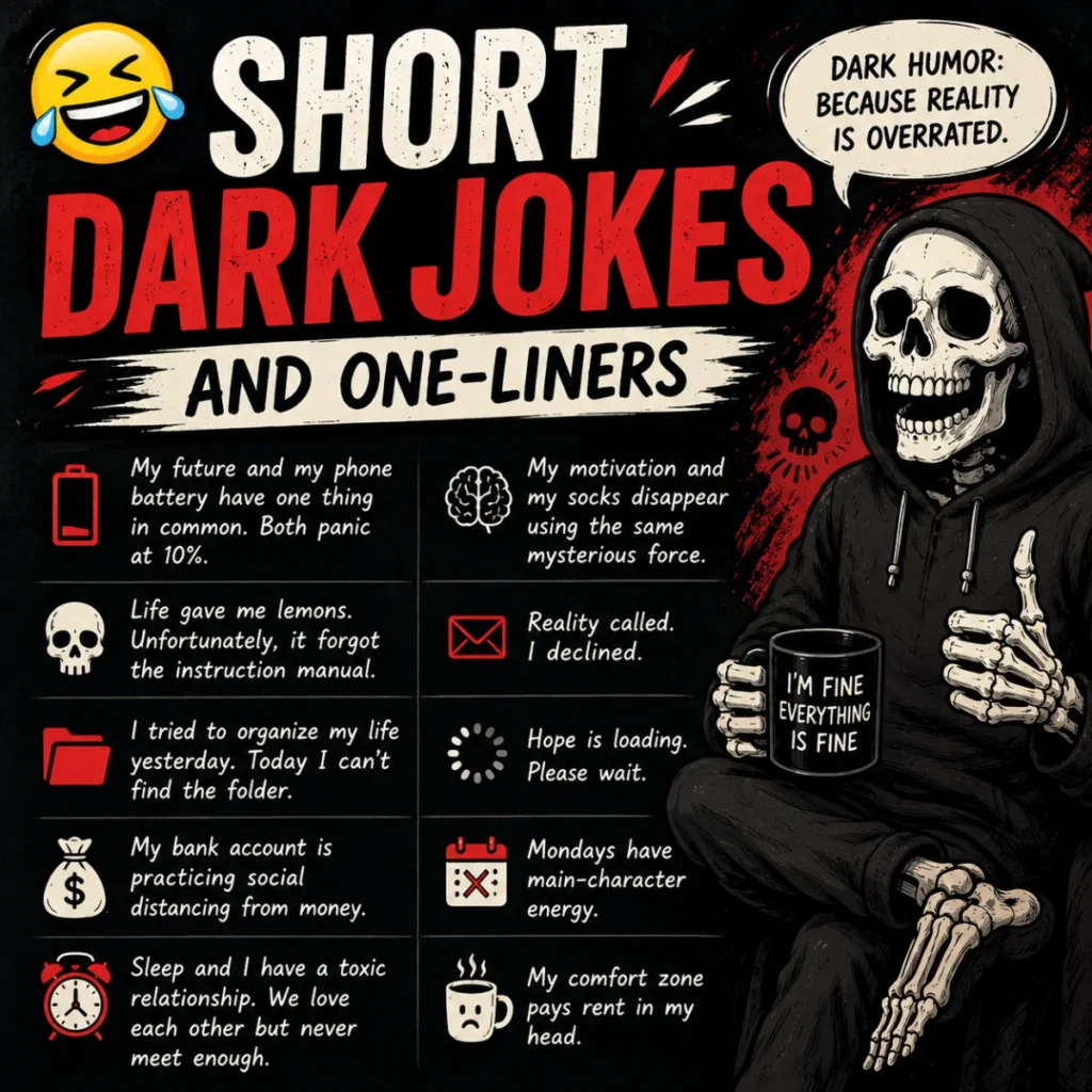 Square dark humor graphic featuring a hoodie-wearing skeleton holding a coffee mug that says "I'm Fine Everything Is Fine." The design includes bold red and white typography reading "Short Dark Jokes and One-Liners" with funny joke snippets and playful icons on a black grunge background.