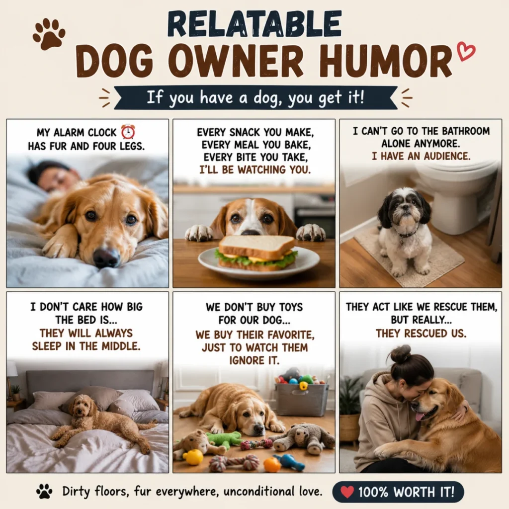 Relatable dog owner humor meme collage showing funny everyday situations like dogs watching food, sitting on beds, and following owners everywhere.
