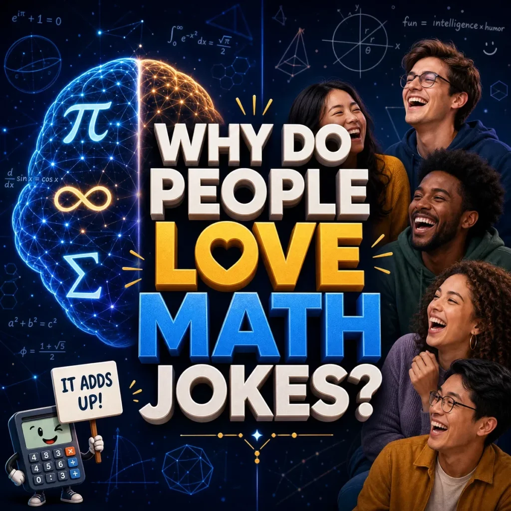 Colorful illustration showing smiling numbers, equations, and happy students laughing at math jokes on a chalkboard background.