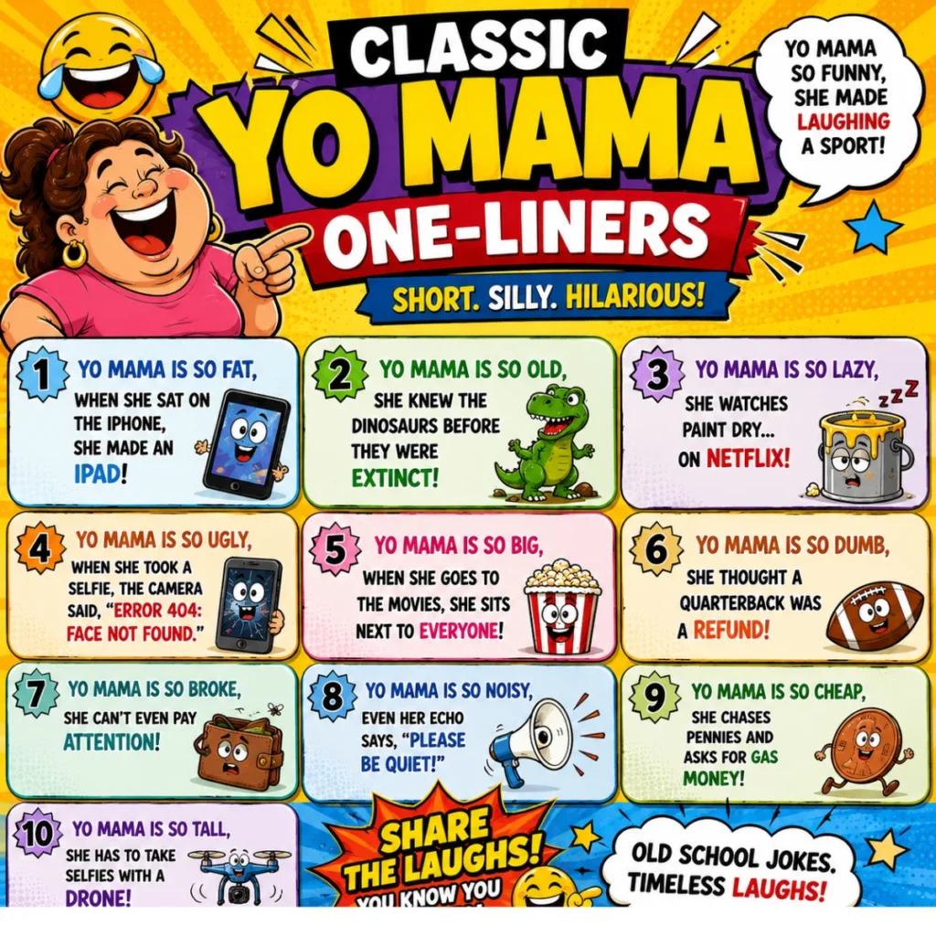 Colorful square infographic featuring classic Yo Mama one-liner jokes, a laughing cartoon mother character, funny comic-style illustrations, emojis, and bright pop-art design elements.