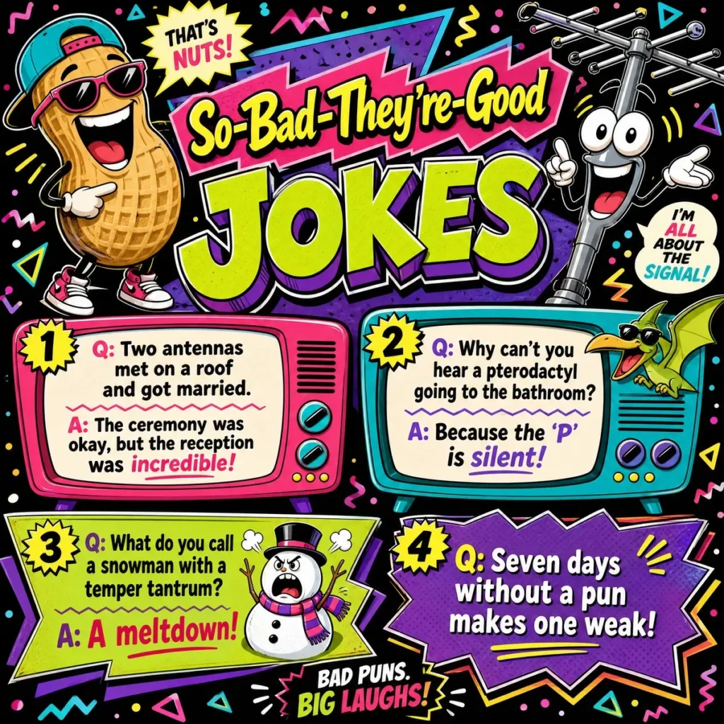 A vibrant 1200x1200px square poster with a retro 90s aesthetic titled "So-Bad-They're-Good JOKES". It features a laughing peanut with sunglasses and a cheerful antenna character. Four "so bad they're good" jokes are shown: antenna marriage reception, silent 'P' in pterodactyl, a snowman's meltdown, and the pun about seven days making one weak.