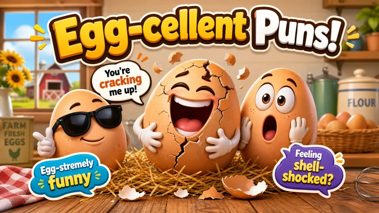 A group of funny 3D cartoon eggs with expressive faces in a kitchen setting, featuring puns like "Egg-cellent Puns!" and "You're cracking me up!"