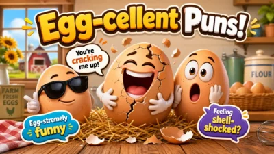 A group of funny 3D cartoon eggs with expressive faces in a kitchen setting, featuring puns like "Egg-cellent Puns!" and "You're cracking me up!"