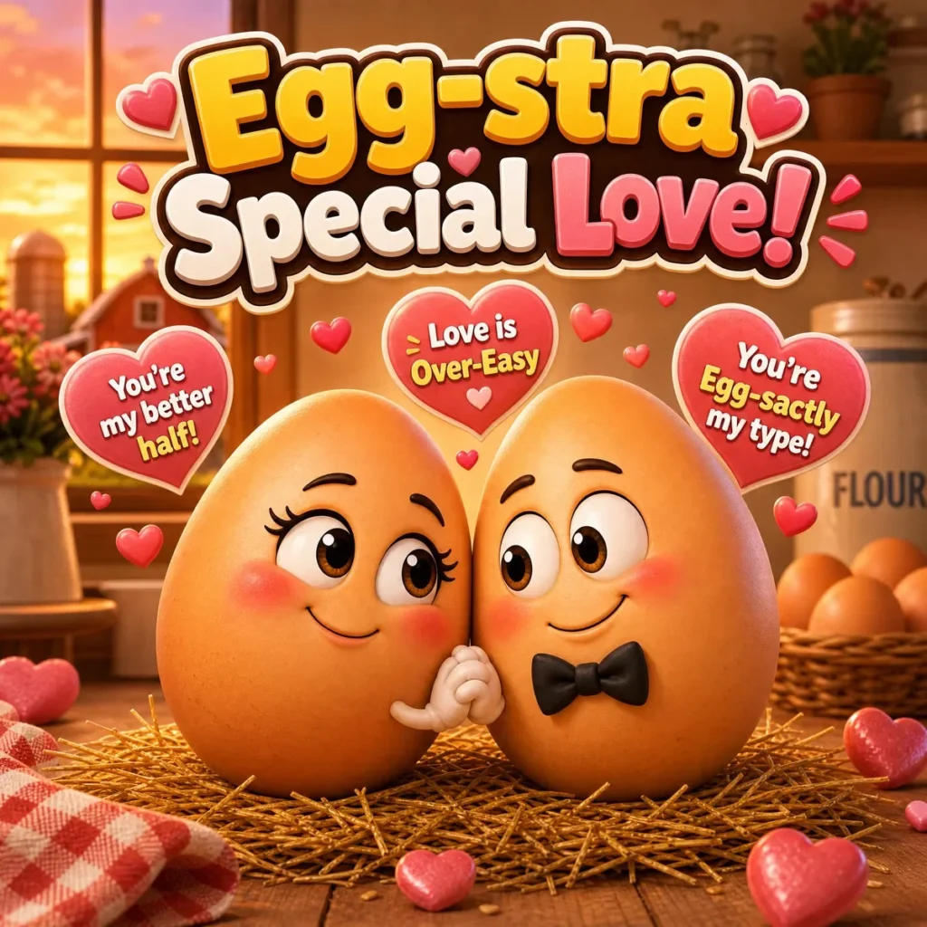 A cute square illustration of two cartoon eggs in love, holding hands with heart-shaped puns: "You're my better half!", "Love is Over-Easy", and "You're Egg-sactly my type!".