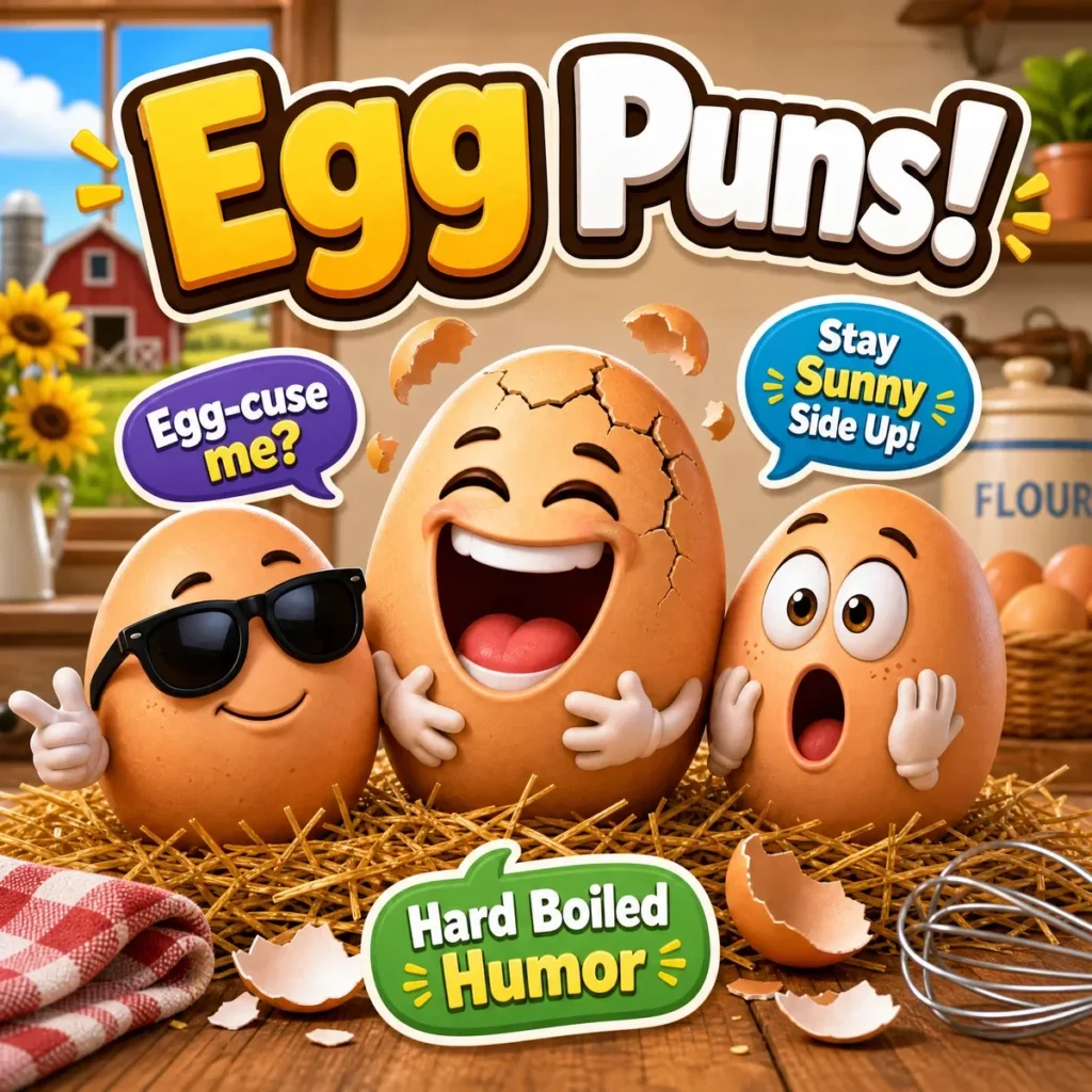 A square illustration of three funny cartoon eggs with puns: "Egg-cuse me?", "Stay Sunny Side Up!", and "Hard Boiled Humor".