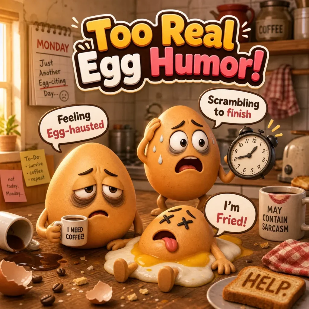A funny square illustration of tired cartoon eggs with puns: "Feeling Egg-hausted", "Scrambling to finish", and "I'm Fried!".