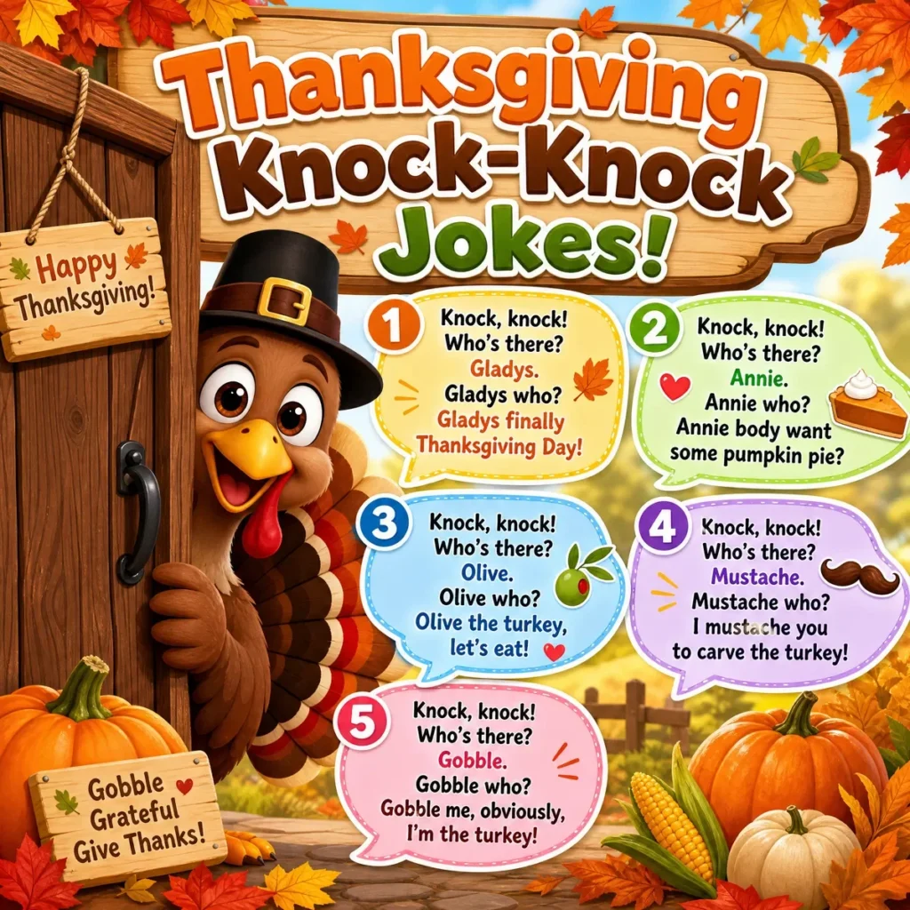 Happy kids laughing while telling Thanksgiving knock-knock jokes near a festive table decorated with a turkey dinner, pumpkins, colorful autumn leaves, and seasonal holiday decorations.