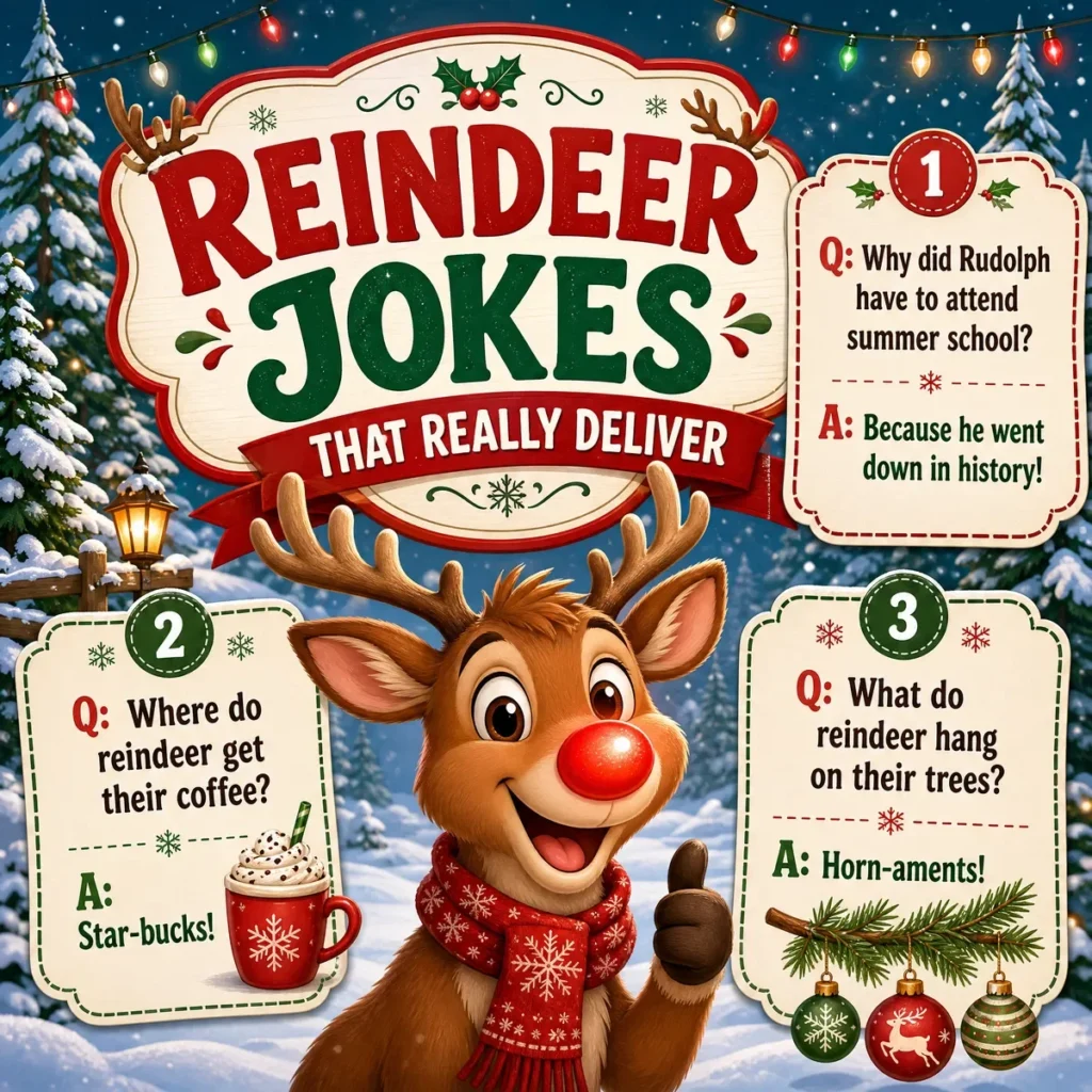 A square 1200x1200px festive poster featuring a cheerful Rudolph the Red-Nosed Reindeer in a red scarf. The title "Reindeer Jokes That Really Deliver" is at the top, and three jokes are displayed in decorative panels: one about Rudolph going down in history, one about Star-bucks coffee, and one about horn-aments.