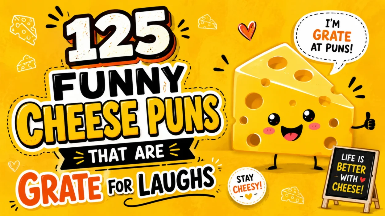 A bright yellow 16:9 graphic featuring a smiling cartoon cheese character beside bold text reading “125 Funny Cheese Puns That Are Grate for Laughs,” with playful cheese illustrations, speech bubbles, and humorous doodles.