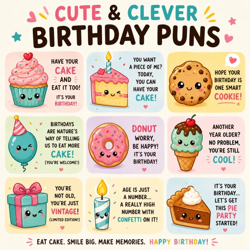 Cute and clever birthday puns featuring cupcakes, balloons, and cheerful party vibes with playful typography.