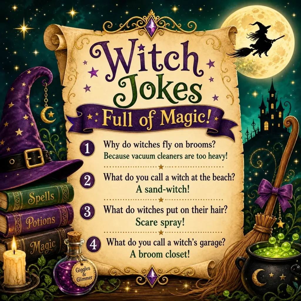 An enchanting square graphic featuring a large vintage parchment scroll with four witch-themed jokes, surrounded by a magical witch's hat, spell books, a bubbling cauldron, and a witch flying across a full moon.
