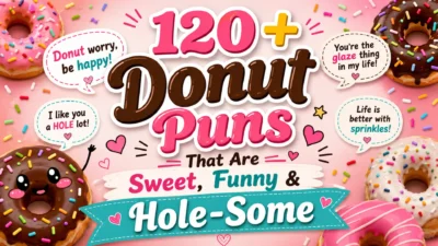Colorful hero image featuring delicious glazed donuts with sprinkles and bold text reading "120+ Donut Puns That Are Sweet, Funny & Hole-Some" on a bright pink background.