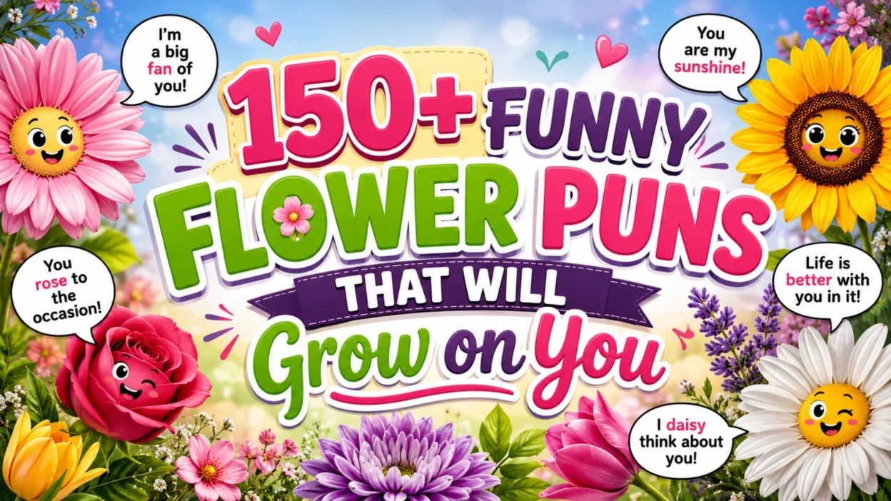 Colorful 1920×1080 banner featuring cheerful flowers, blooming garden illustrations, and playful typography with the title "150+ Funny Flower Puns That Will Grow on You" for a flower puns collection.