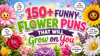 Colorful 1920×1080 banner featuring cheerful flowers, blooming garden illustrations, and playful typography with the title "150+ Funny Flower Puns That Will Grow on You" for a flower puns collection.