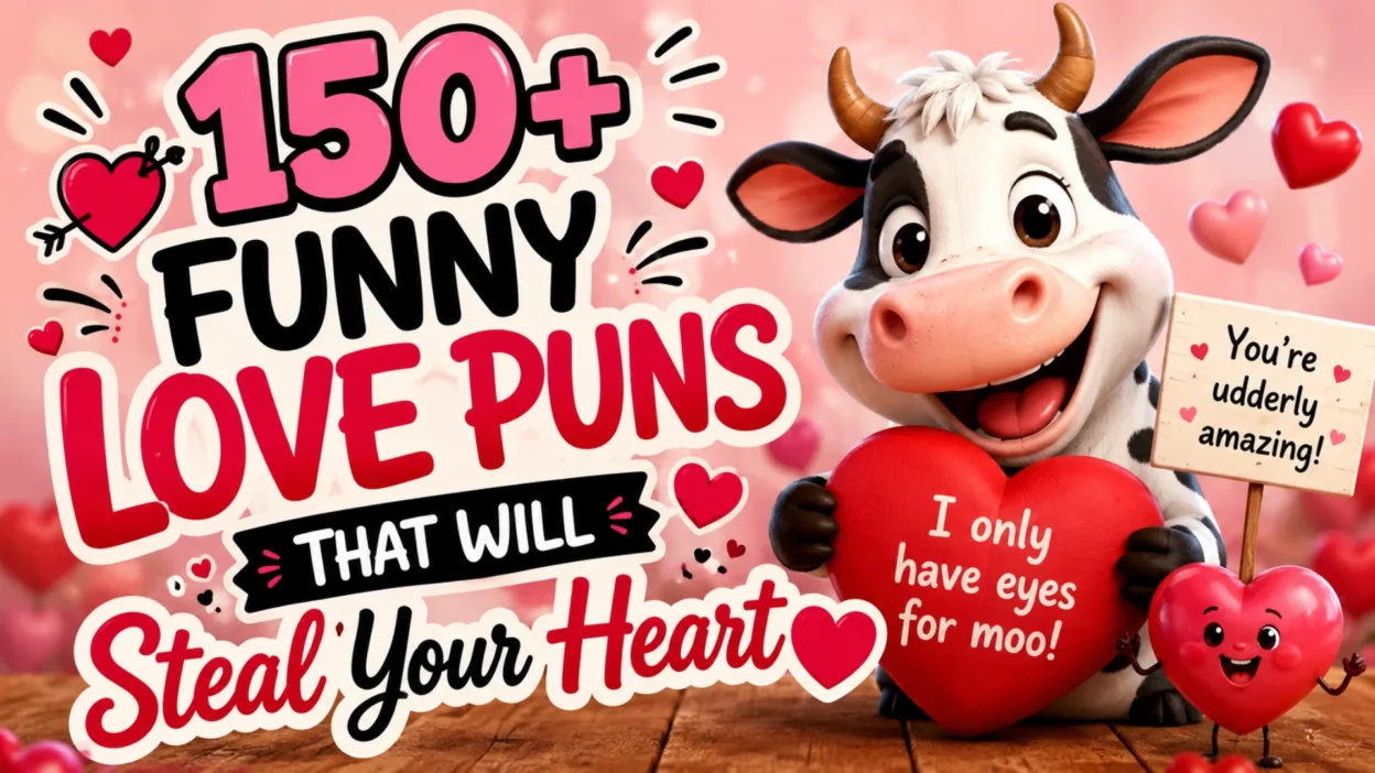 Colorful 3D illustration featuring hearts, romantic symbols, and playful typography for a collection of funny love puns that steal your heart.