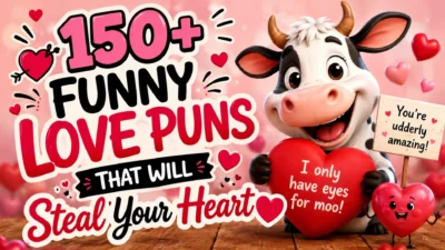 Colorful 3D illustration featuring hearts, romantic symbols, and playful typography for a collection of funny love puns that steal your heart.