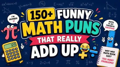Colorful 1920×1080 banner featuring playful math-themed illustrations, equations, calculator, ruler, pi symbol, and the title "150+ Funny Math Puns That Really Add Up" for a humorous math puns article.