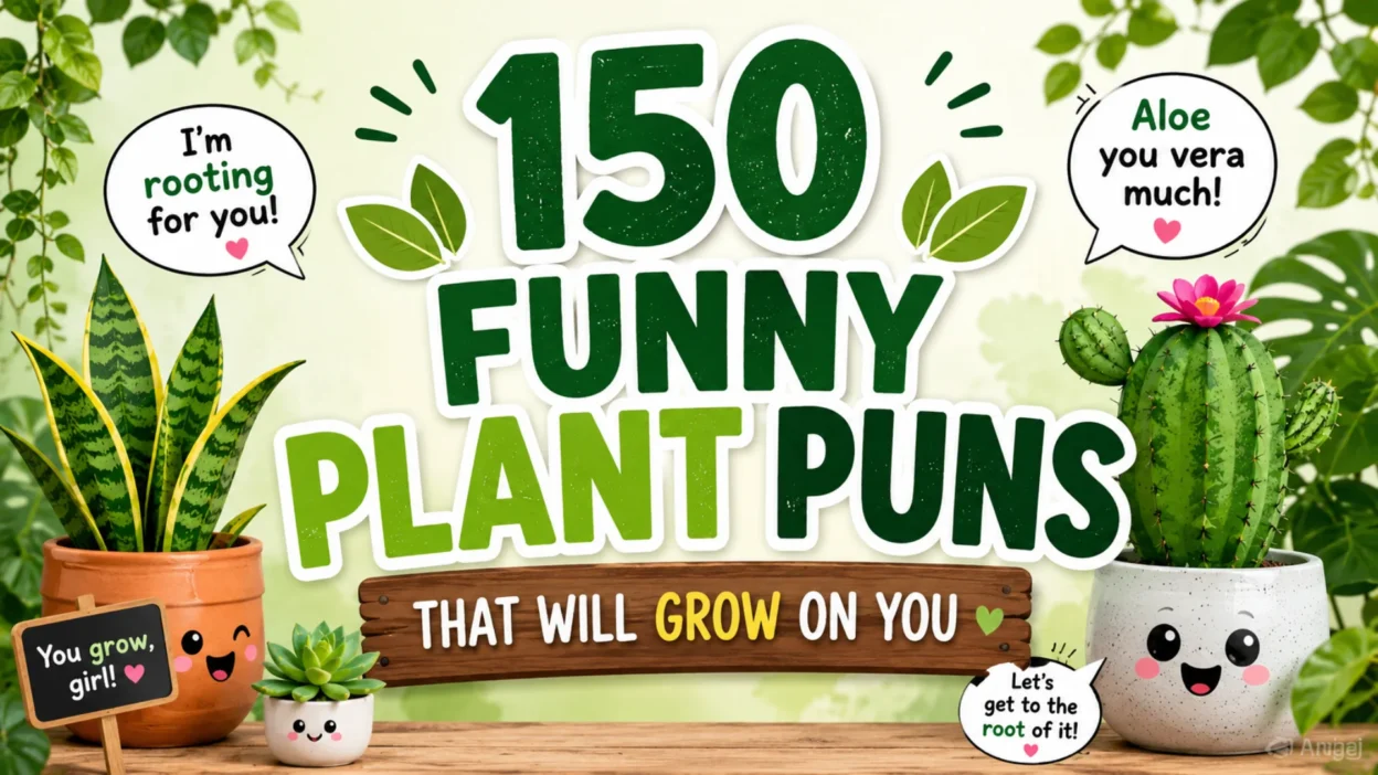 Colorful graphic featuring cute potted plants and the text “150 Funny Plant Puns That Will Grow on You.”