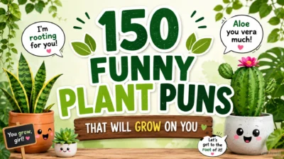 Colorful graphic featuring cute potted plants and the text “150 Funny Plant Puns That Will Grow on You.”