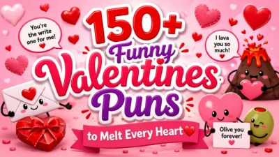 150+ Funny Valentines Puns to Melt Every Heart with cute hearts, love-themed illustrations, and romantic humor
