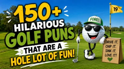 Smiling cartoon golf ball holding a golf club on a sunny golf course with the text "150+ Hilarious Golf Puns That Are a Hole Lot of Fun."