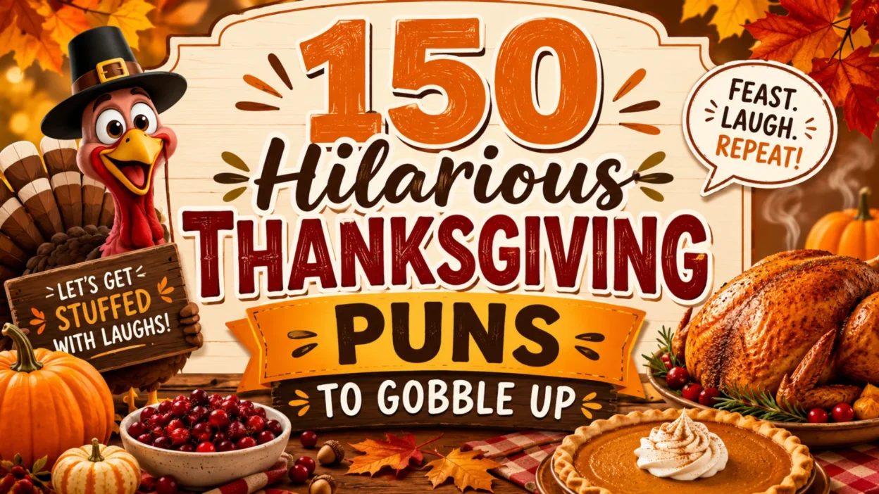 Colorful Thanksgiving graphic featuring a cartoon turkey, roasted turkey, pumpkin pie, cranberries, and bold text reading 150 Hilarious Thanksgiving Puns to Gobble Up.