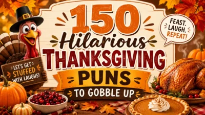 Colorful Thanksgiving graphic featuring a cartoon turkey, roasted turkey, pumpkin pie, cranberries, and bold text reading 150 Hilarious Thanksgiving Puns to Gobble Up.