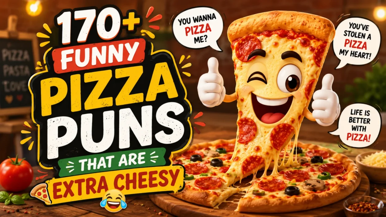 170+ Funny Pizza Puns That Are Extra Cheesy with a smiling pizza slice and colorful cheesy cartoon design