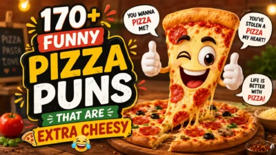 170+ Funny Pizza Puns That Are Extra Cheesy with a smiling pizza slice and colorful cheesy cartoon design