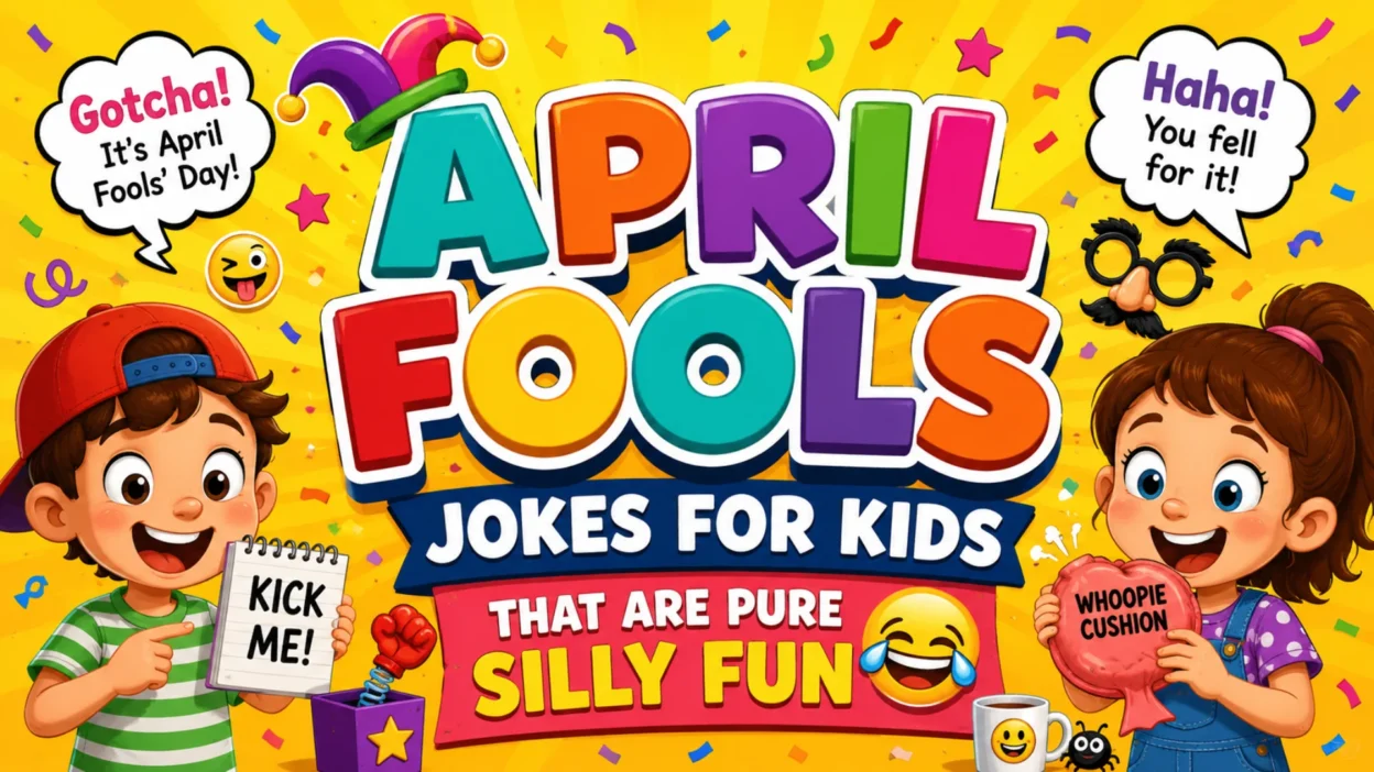 Colorful April Fools Jokes for Kids hero image featuring cheerful cartoon children, playful prank props, confetti, and bold text celebrating silly family-friendly fun.