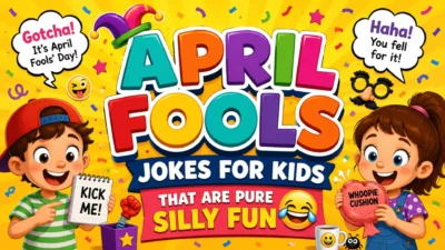 Colorful April Fools Jokes for Kids hero image featuring cheerful cartoon children, playful prank props, confetti, and bold text celebrating silly family-friendly fun.