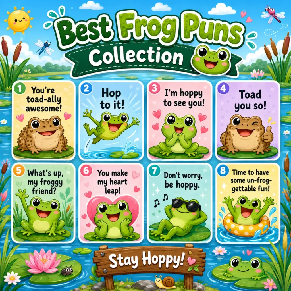 Best Frog Puns Collection illustration featuring a cheerful cartoon frog on a lily pad with funny frog puns, colorful flowers, dragonflies, and a vibrant pond scene.