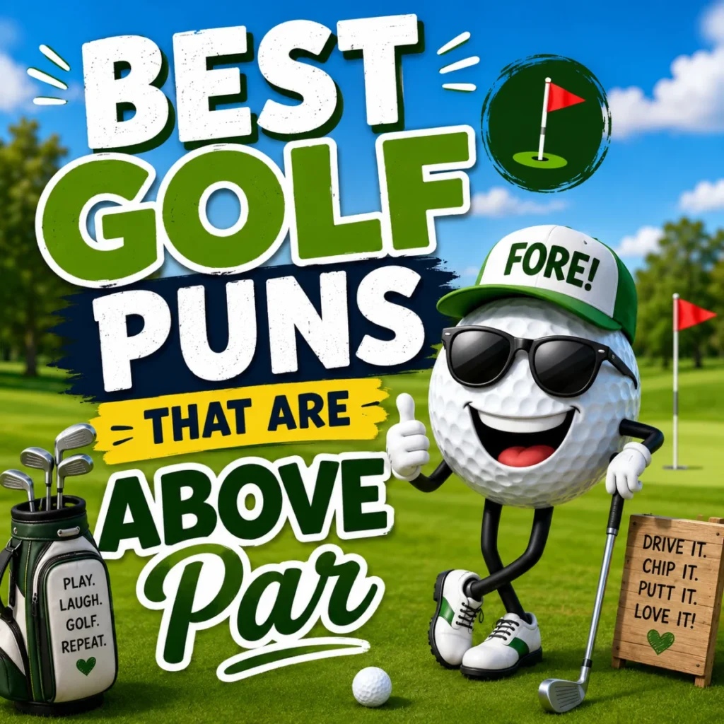 Funny cartoon golf ball wearing sunglasses and holding a golf club on a golf course with the headline "Best Golf Puns That Are Above Par."