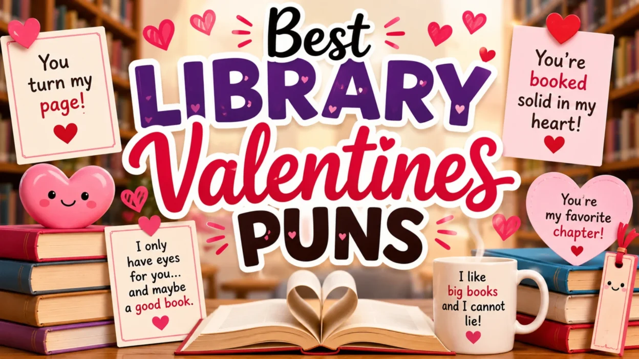 Colorful library-themed Valentine's Day illustration featuring books, heart decorations, an open book, coffee mug, and funny library Valentine's puns in a cozy library setting.