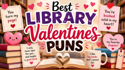 Colorful library-themed Valentine's Day illustration featuring books, heart decorations, an open book, coffee mug, and funny library Valentine's puns in a cozy library setting.