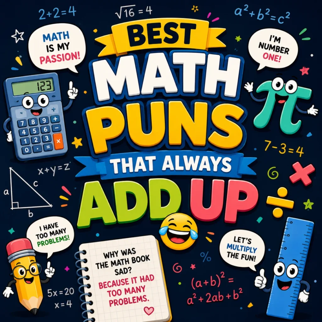 Square 1200×1200 illustration featuring colorful math symbols, a calculator, ruler, pencil, equations, and playful typography with the title "Best Math Puns That Always Add Up" for a funny math puns collection.