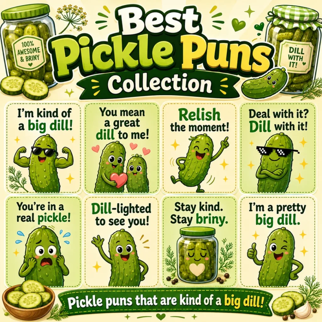 Best pickle puns collection featuring happy cartoon pickles, pickle jars, and funny food-themed wordplay for all ages.